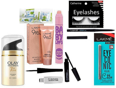 

catherine Eyelashes, Mac Eyeliner & Mascara, Lakme Eyeconic Kajal, Eyeliner, 9to5 Mousse Foundation, Olay Cream, Maybelline Lip Balm With Mazic Nepkeen(Set of 9)