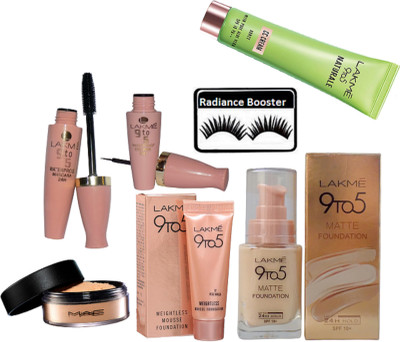 

radiance booster Eyelashes & Lakme 9 to 5 Water proof Eyeliner+Mascara & Weightless Mousse Foundation & Matte Foundation & Mac Loose powder & Naturale CC Cream(Set of 7)