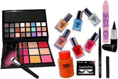 

catherine Eyelashes, Mac Makeup Palette, Nail Paint- 6, Nail Paint Remover, Stick Kajal, Lakme Eyeconic Eyeliner With Makeup Brush, Maybelline Baby Lips Lip Balm(Set of 13)