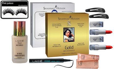 

pink palace Eyelashes, Lakme 9to5 naturale foundation, wightless mousse foundation, Lakme enrich pack of 2, eyeconic pen eyeliner, Shahnaz Husain silver or glod facial kit, hair clip pack of 2(Set of 10)