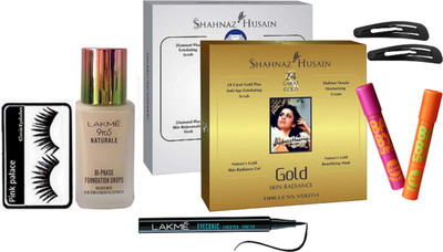

pink palace Eyelashes, Lakme 9to5 naturale foundation,Maybelline candy wow lip balm pack of 2, eyeconic pen eyeliner, Shahnaz Husain silver or glod facial kit, hair clip pack of 2(Set of 9)