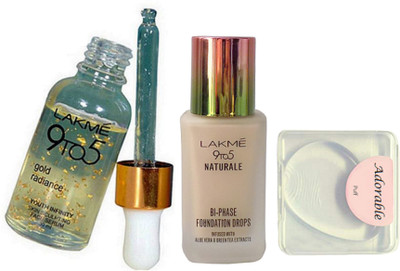 

Adorable Silicon puff, lakme 9to5 gold radiance Face Serum, naturale BI-phase Foundation drops(Set of 3)