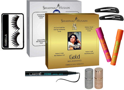 

ISABELLA eyelashes ,,mac nail paint pack of 2, ,shahnaz husain diamond facial kit,gold facial kit,lakme eyeconic kajal,hair clip pack of2,baby lipbam pack of 2(Set of 10)