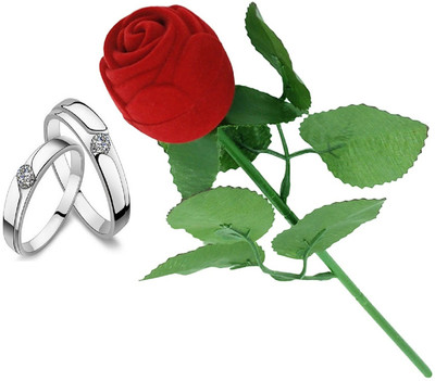 SILVERISH Valentine Gift Couple Ring Set with Red Rose Box and Platinum Plating Alloy Cubic Zirconia Platinum Plated Ring Set