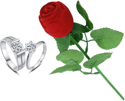 SILVERISH Valentine Gift Couple Ring Set with Red Rose Box and Platinum Plating Alloy Cubic Zirconia Platinum Plated Ring Set