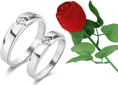 SILVERISH Valentine Gift Couple Ring Set with Red Rose Box and Platinum Plating Alloy Cubic Zirconia Platinum Plated Ring Set