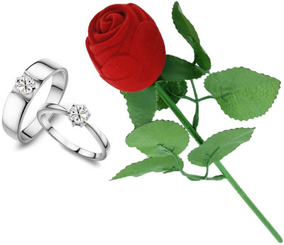 SILVERISH Valentine Gift Couple Ring Set with Red Rose Box and Platinum Plating Alloy Cubic Zirconia Platinum Plated Ring Set
