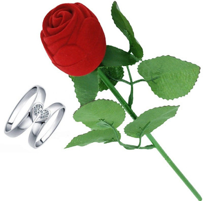 SILVERISH Valentine Gift Couple Ring Set with Red Rose Box and Platinum Plating Alloy Cubic Zirconia Platinum Plated Ring Set