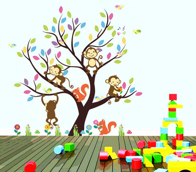 fuzzy 110 cm tree with monkey Self Adhesive Sticker(Pack of 1)