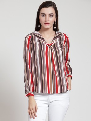 PLUSS Casual Cuffed Sleeve Striped Women Multicolor Top