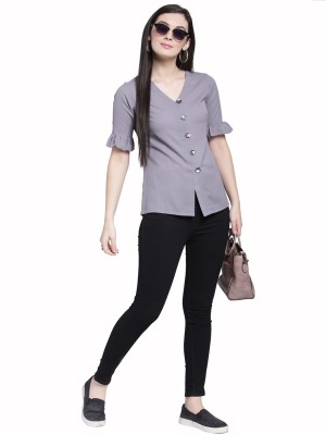 PLUSS Casual Ruffled Sleeve Solid Women Grey Top