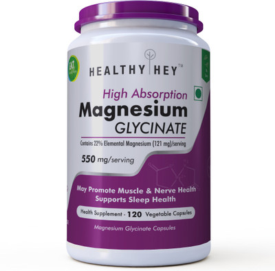 

HealthyHey Nutrition High Absorption Magnesium Glycinate, 120 Vegetable Capsules(550 mg)