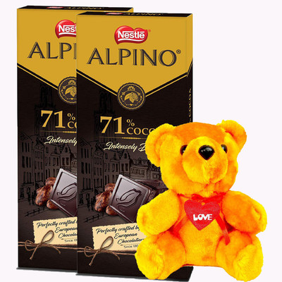 

Nestle - Valentine Gift Combo with 2 Packs of ALPINO 71% Cocoa- Rich and Dark Chocolate 90gm & A Beautifull Teddy Bars(Pack of 2, 260 g)