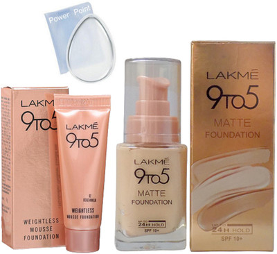

POWER POINT Silicon puff, Lakme 9to5 weightless mousse & matte foundation(Set of 3)