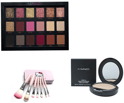 

Hello Kitty 7pcs mini Pink brush set (Pack of 7) with HB Rose Gold Edition Eyeshadow Palette - 18 Shades 5 ml (Multicolor) with Mac compact powder(Set of 3)