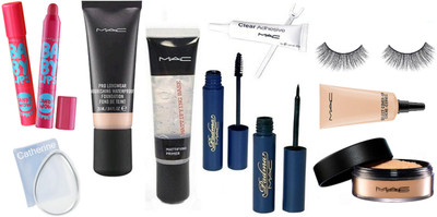 

catherine silicon puff, Mac pro long wear foundation, select cover up concealer, padma eyeliner and mascara, loose powder, mattifying base primer, baby lips candy wow lip balm pack of 2, eyelashes and eyelashes glue(Set of 11)