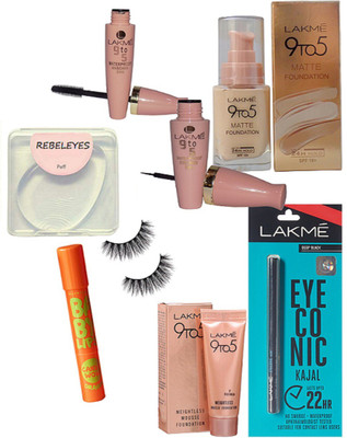 

REBELEYES silicon puff, Lakme 9to5 eyeliner and mascara, matte foundation, weightless mousse foundation, maybeillne new york baby lips, eyelashes,eyeconic kajal(Set of 8)