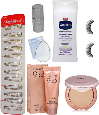 

POWER POINT silicon puff, Lakme 9to5 mousse foundation, primer+matte powder foundation, mirror nail polish, vaseline intensive care advanced repair body lotion, eyelashes & hair clip(Set of 7)