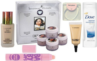 

pink palace Silicon puff, Lakme 9to5 naturale foundation, Shahnaz Husain diamond facial kit, Mac select cover upconcealer, Maybelline candy wow lip balm, Dove essential nourishment body lotion(Set of 6)