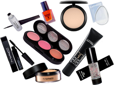 

catherine silicon puff, Mac 3 shade blusher, BB Cream, skin caviar primer, loose powder, studio fix compact, professional nail polish, haute naughty mascara, liquid eyeliner(Set of 9)