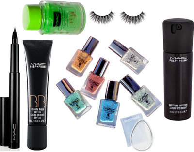 

importedd Silicon puff, Mac pen eyeliner, professional nail polish pack f 6, prep+prime moisture infusion serum, BB cream, nail polish remover with eyelashes(Set of 12)