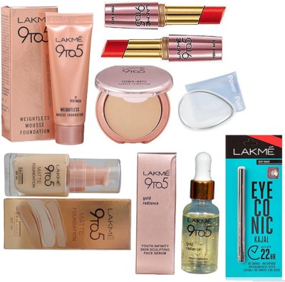 

POWER POINT Silicon puff, Lakme 9to5 weightless mousse & matte foundation, primer+matte powder foundation, gold radiance face serum, eyeconic kajal, lipstik pack 2(Set of 8)