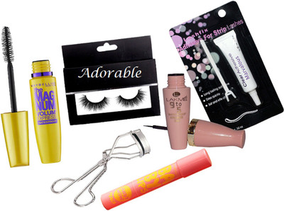 

Adorable Eyelashes, Lakme 9to5 eyeliner , maybeillene new york the magnum mascara, eyelashes glue, eyelashes curler, baby lips(Set of 6)