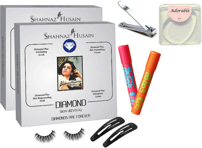 

Adorable silicon puff, shahnaz husain diamond facial kit pack of 2, nail clipper , eyelashes, hair clip pack of 2, maybeillene new york baby lips pack of 2(Set of 9)