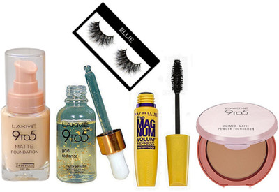 

Ellie Eyelashes, Lakme 9to5 Primer Matte Powder Foundation, Face Serum, Foundation, Maybelline New York The Mag Num Mascara(Set of 5)