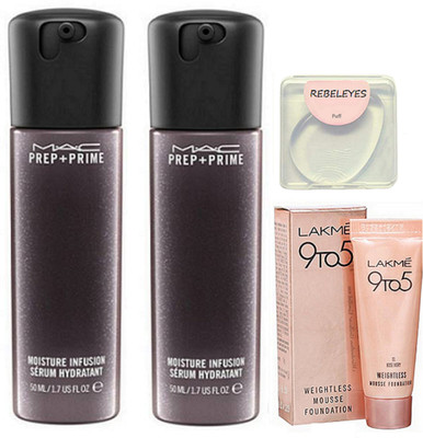 

REBELEYES Silicon puff, Lakme weightless mousse foundation , mac prep+prime infusion face serum pack of 2(Set of 4)