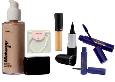 

power point Silicon Puff & Mac Makeup 24hr Pro Long Wear Spf 10 Foundation,stick kajal & Mineralize Concealer,eyeliner+mascara(Set of 6)