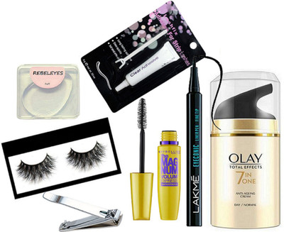

REBELEYES Silicon puff, maybeillne new york the magnum mascara , lakme eyeconic pen eyeliner , nail clipper , eyelashes glue, olay total effects 7 in one anti ageing day cream ,eyelashes(Set of 7)