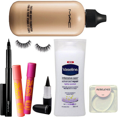

REBELEYES Silicon puff, vasline intensive care advanced repair body lotion, mac face & body foundation, pen eyeliner , stick kajal, eyelashes, maybeillne new york baby lips pack of 2(Set of 8)