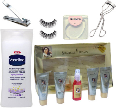

Adorable Silicon puff, Shahnaz husain gold facial kit , nail clipper , eyelashes , eyelashes curler , vasline instensive care advanced repair body lotion(Set of 6)