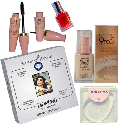 

REBELEYES Silicon puff, shahnaz husain diamond faical kit , lakme 9to5 eyeliner & mascara, matte foundation, mac nail paint(Set of 6)