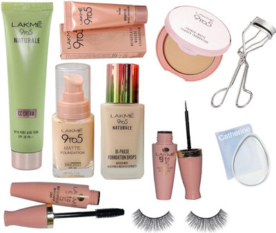

catherine silicon puff, Lakme 9to5 matte and naturale foundation, cc cream, mousse foundation, primer matte compact, waterproof eyeliner and mascara, eyelashes with eyelashe curler(Set of 10)