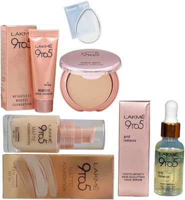 

POWER POINT Silicon puff, Lakme 9to5 weightless mousse & matte foundation, primer+matte powder foundation, gold radiance face serum(Set of 5)