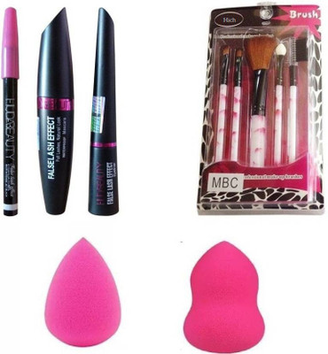 

hich Make Up Brush Set Of 5 & Huda Beauty 3 In 1 Kajal,Eyeliner,Mascara And Two Blender Puff Of high Quality(Set of 6)