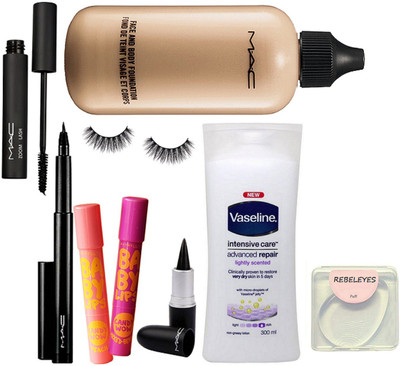 

REBELEYES Silicon puff, vasline intensive care advanced repair body lotion, mac face & body foundation, pen eyeliner , waterproof mascara , stick kajal, eyelashes, maybeillne new york baby lips pack of 2(Set of 9)