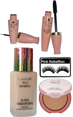 

Pink rebellion Eyelashes & Lakme 9 to 5 Naturale BI-Phase Foundation & Eyeliner+Mascara & Primer Matte Compact(Set of 5)