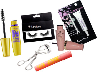 

pink palace Eyelashes, Maybelline the magnum mascara, Lakme 9to5 eyeliner, eyelashes glue, eyelashes curler, Maybelline candy wow lipbalm(Set of 6)
