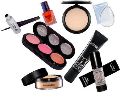 

catherine silicon puff, Mac 3 shade blusher, BB Cream, skin caviar primer, loose powder, studio fix compact, professional nail polish, liquid eyeliner(Set of 8)