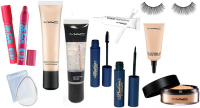 

catherine silicon puff, Mac select cover up foundation and concealer, padma eyeliner and mascara, loose powder, mattifying base primer, baby lips candy wow lip balm pack of 2, eyelashes and eyelashes glue(Set of 11)