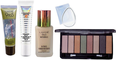 

Ellie Silicone Puff, Mac 8 Shades Eyeshadow Palette, Lightful Tinted Cream Spf 30, Lakme 9to5 Natueale BI-PHASE Foundation, Infallible Mattifying Base Primer(Set of 5)