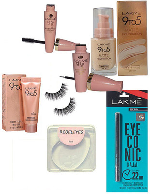 

REBELEYES silicon puff, Lakme 9to5 eyeliner and mascara, matte foundation, weightless mousse foundation,eyelashes,eyeconic kajal(Set of 7)