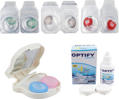 

Optify Combo Pack Monthly Color Contact Lens With Travel Kit Monthly Contact Lens(1, Dark Green-Grey-Red, Pack of 3)