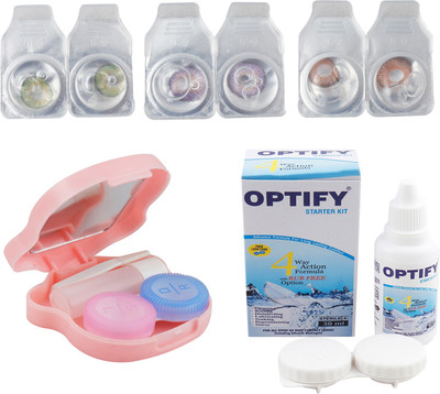 

Optify Combo Pack Monthly Color Contact Lens With Travel Kit Monthly Contact Lens(1, Green-Violet-Hazel, Pack of 3)