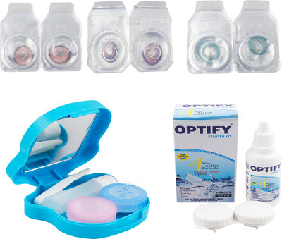 

Optify Combo Pack Monthly Color Contact Lens With Travel Kit Monthly Contact Lens(1, Pink-Violet-Aqua, Pack of 3)