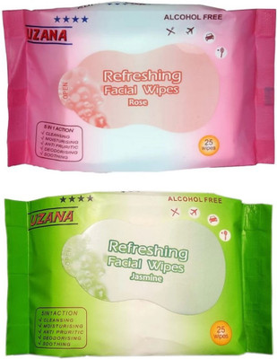 

Uzana Refreshing Facial Wipes, Rose $ Jasmine, Pack of 2(Pack of 50)
