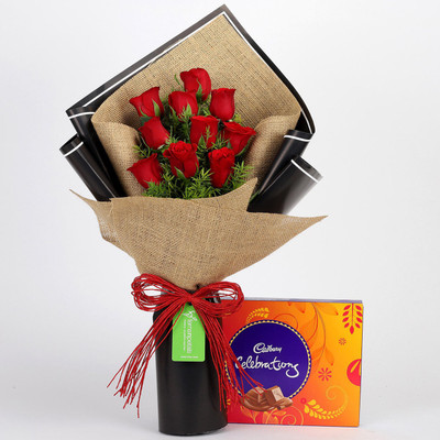 

Ferns N Petals 10 Red Roses Beautifully Wrapped & Chocolate Celebrations for Birthday/Anniversary/Valentine's Gifting Combo(200gm)